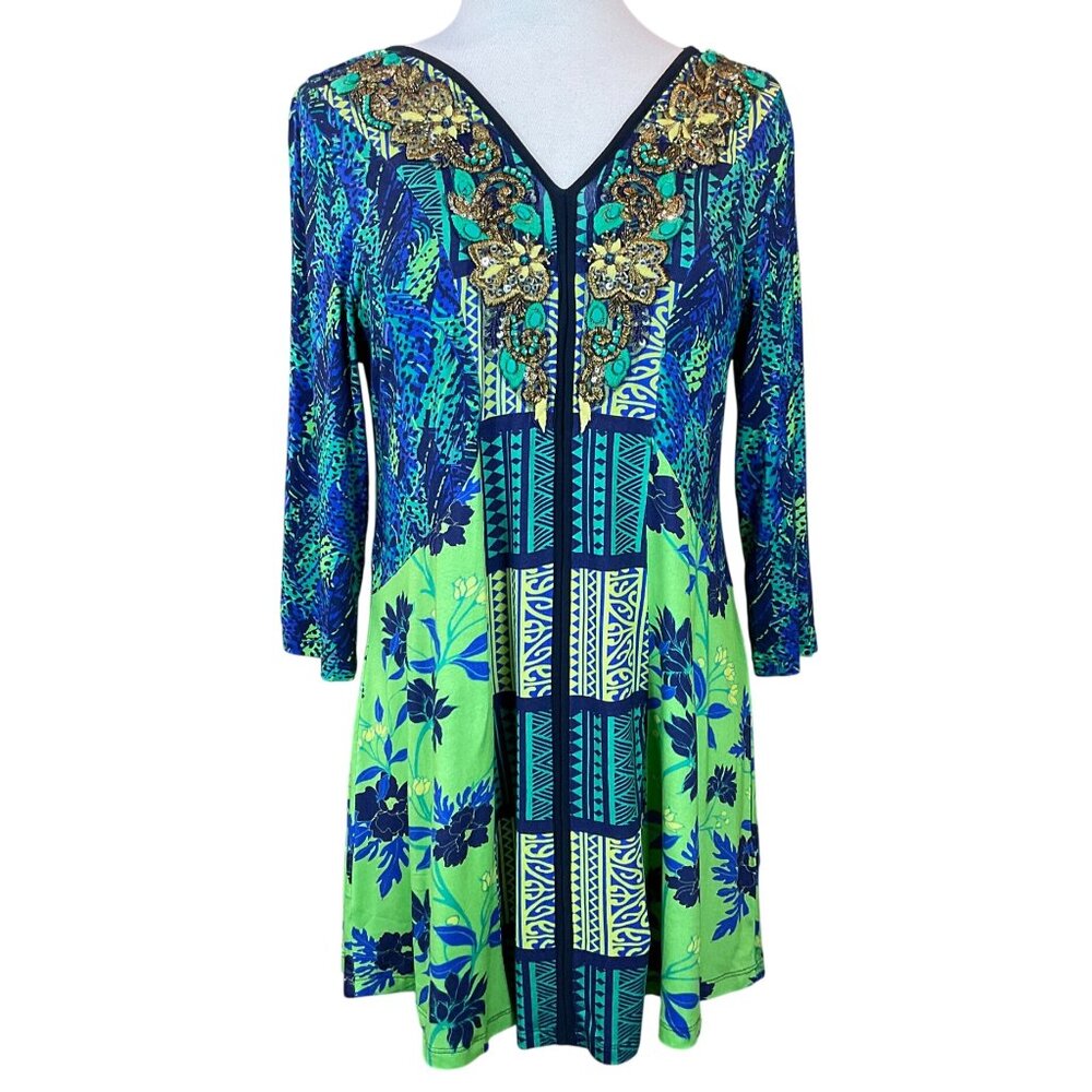 Soft Surroundings 3/4 Sleeve Embroidered Beaded Blue Green V-Neck Tunic M